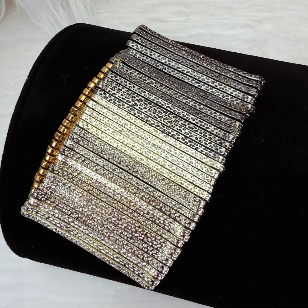 Silvertone aged Goldtone, black gunmetal wide band stretch bracelet